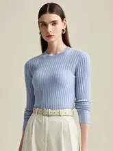 100%ラムウールのシンプルな女性用ニットセーター【ラウンドネック・長袖・カジュアル】（セットアップ対応）