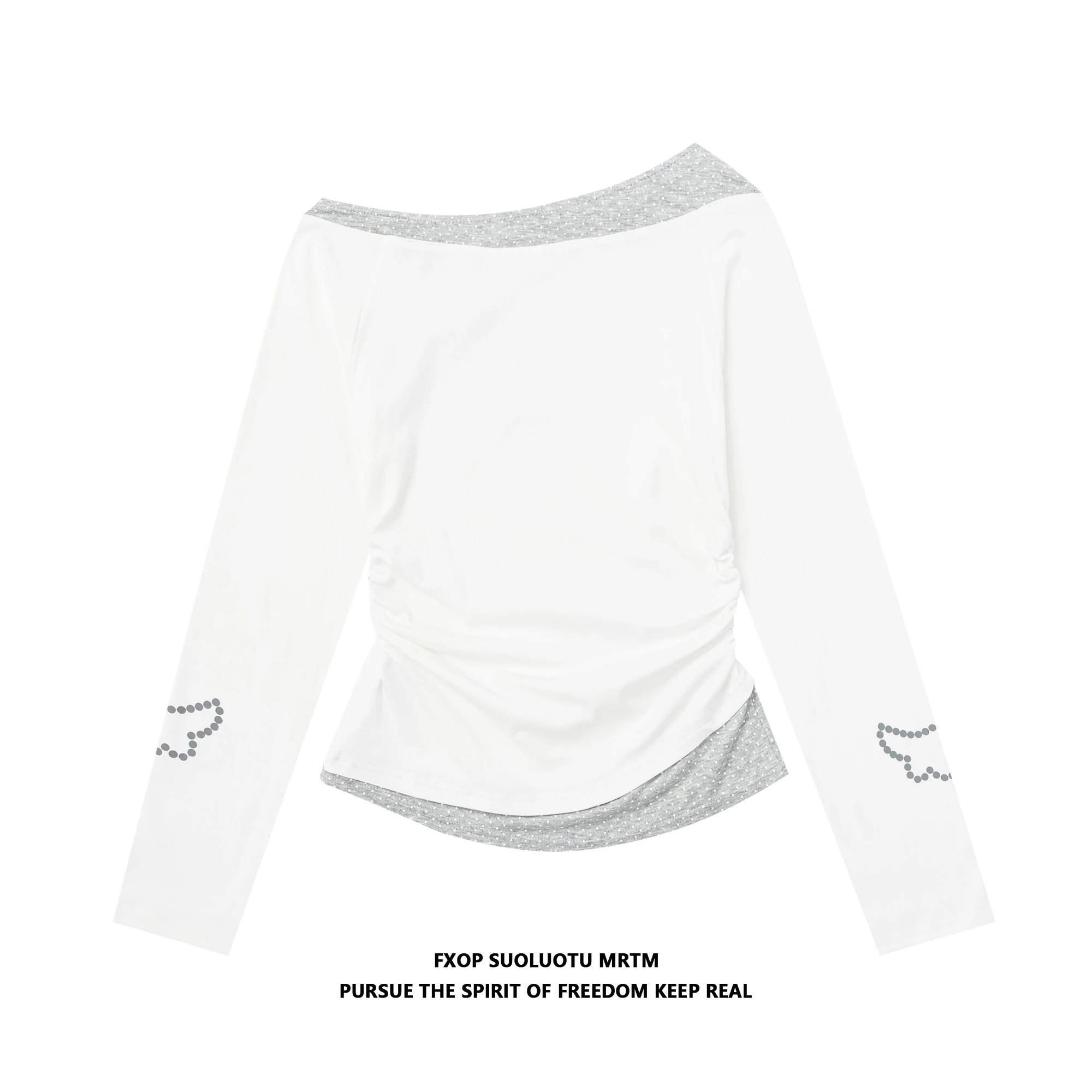 ドット柄斜め肩長袖Tシャツ【フィット感あり・ウエストシェイプ・ショートデザイン】（セットアップ対応）