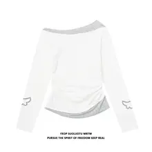 ドット柄斜め肩長袖Tシャツ【フィット感あり・ウエストシェイプ・ショートデザイン】（セットアップ対応）