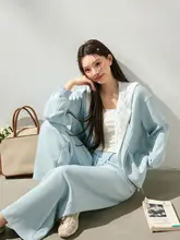 スウェット パンツ セットアップ レディース 大きいサイズ ぽっちゃり 韓流 着痩せ パッチワーク レースフード ダスティブルー