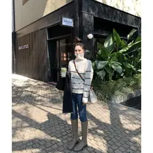 小冰bella アンゴラ混合 ロングセーター【赤白ストライプ・高襟・全羊毛】