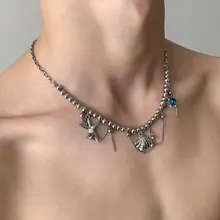 貝殻とヒトデのメタルタッセルネックレス【ビーズデザイン・セレブ感・個性的】