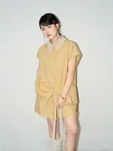 デザイン襟のトップスとドローコード付きショートパンツ【松・茶色の切替デザイン】（セットアップ対応）