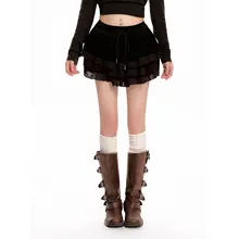 コーヒー色ベロアレース付きフレアスカート【ハイウエスト・Aライン・秋冬用】