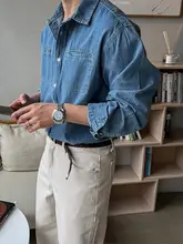 復古風ブルーウォッシュデニムシャツ【メンズ・秋用・ゆったりフィット・カジュアル】