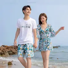 カップル水着【分体・保守的デザイン・男女兼用・海辺のリゾートに最適・ビーチパンツ付き】（セットアップ対応）
