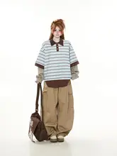 おしゃれなチェックとストライプのポロ襟Tシャツ【春秋用・ルーズフィット・偽二重デザイン】（セットアップ対応）