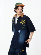 復古風ウォッシュ加工刺繍入りデニムシャツ【夏用・ゆったりシルエット・半袖】