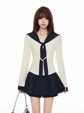 学院風辛口女子用ネイビー襟タンクトップとハイウエストAラインプリーツミニスカート（セットアップ対応）