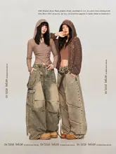 オーバーサイズデザインのデニムパンツ【美式ヒップホップ・作業服スタイル・ヴィンテージ加工】