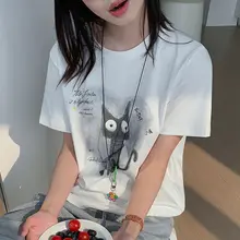 小猫プリントのゆったりラウンドネックTシャツ【春夏用・短袖・カジュアル】
