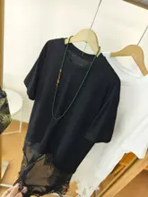 Tシャツ レディース 半袖 ラウンドネック アシンメトリー 裾スリット レースヘム ミディアム丈