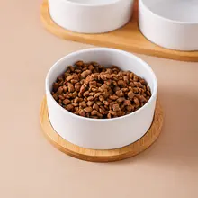 陶器製ペット用食器【シンプルデザイン・木製スタンド・キャット＆ドッグ用・二重食器・防倒れ】