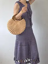 手編みの2色使用 扇形の自然風デザイン トートバッグ【全開ファスナー・木製ハンドル】