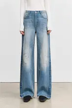 配色ウォッシュ加工デニムストレートパンツ【ひび割れ・ダメージ加工・スリムシルエット】