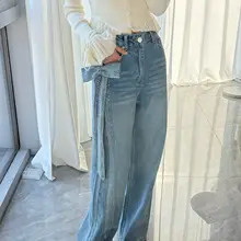 サイドリボン付きデザインのブルー ワイドデニムパンツ【極上の柔らかさ・春夏向け】