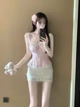 女性用 ピンクのキャミソールとレーススカート【セクシー・夏用・包臀デザイン】（セットアップ対応）