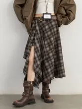 高腰バルキー中長スカート【不規則なバイカラー・チェック柄・フランネル】