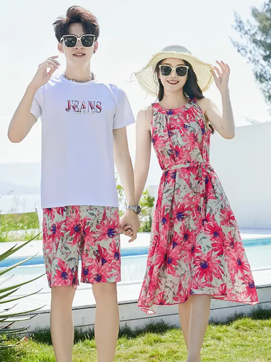 ビーチリゾートスタイルのカップルコーデ【ボヘミアンデザイン・夏用・大きいサイズ】（セットアップ対応）