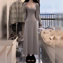 女性用 グレーのキャミソールワンピース【フランス風・タイトシルエット・秋用・春先に最適】（セットアップ対応）