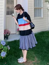 チェック柄のカラーコンビTシャツワン  ピース【夏用・・スリムデザイン】