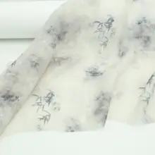 古風薄手半透明布地【淡灰色・水墨風竹葉柄・化繊テンサル製・和服用】
