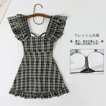 ワンピース水着 レディース チェック柄 フライングスリーブ 体型カバー 着痩せ 露出控えめ 小胸 ヴィンテージ 温泉 スパ プール