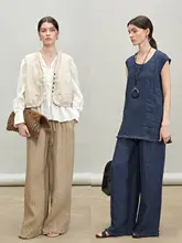 シルエットのリネンビブトップス＆ストレートパンツ【フランス風・毛足仕上げ・夏用】（セットアップ対応）