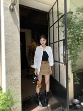 YUZUQI カーキ色 アメリカンレトロデザイン ハイウエスト スカート【ポケット付き・タイトシルエット・Aライン】