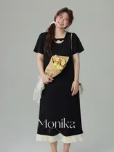 レディース 大きいサイズのカラー切替ジャンパードレス【エレガント・リボン付き・夏用】（セット アップ対応）