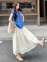 青いショートスリーブトップスとロングスカート【夏用・カジュアル・文芸スタイル】（セットアップ対応）
