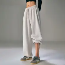 高腰ストレートパンツ【グレー・抽绳・秋冬用・ゆったりシルエット】（セットアップ対応）