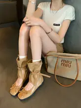 羊皮バージョンのレトロリボンデザイン透かしバレエブーツ【夏用・ベルト付き・ミドル丈】