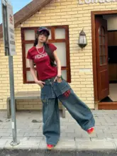 美しいデザインのデニムパンツ【レトロ風・チェック柄・ワイドレッグ・二重ウエスト】（セットアップ対応）