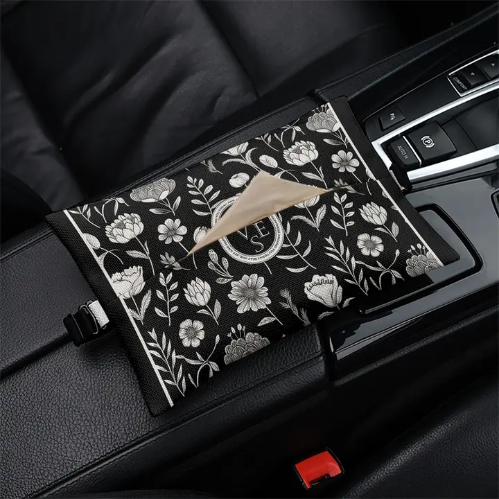 トロピカルリーフデザインの車載ティッシュボックス【吊り下げ式・ユニバーサルフィット】