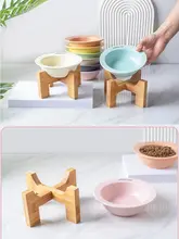 猫犬兼用 陶器製 ペットフードボウル【竹製スタンド・高脚・お洒落デザイン】
