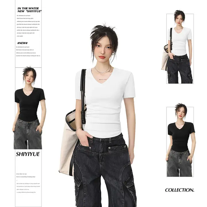 VネックショートスリーブTシャツ【夏用・無地・スリムフィット・女性用】