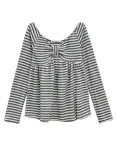 レトロストライプオフショルダー長袖Tシャツ【リボン付き・ゆったり・春用】