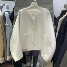 丸首ボタンデザイン ダブルフェイスコート【秋冬用・ゆったり・シンプル・ウール素材】