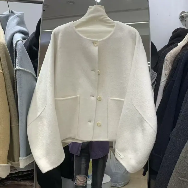 丸首ボタンデザイン ダブルフェイスコート【秋冬用・ゆったり・シンプル・ウール素材】