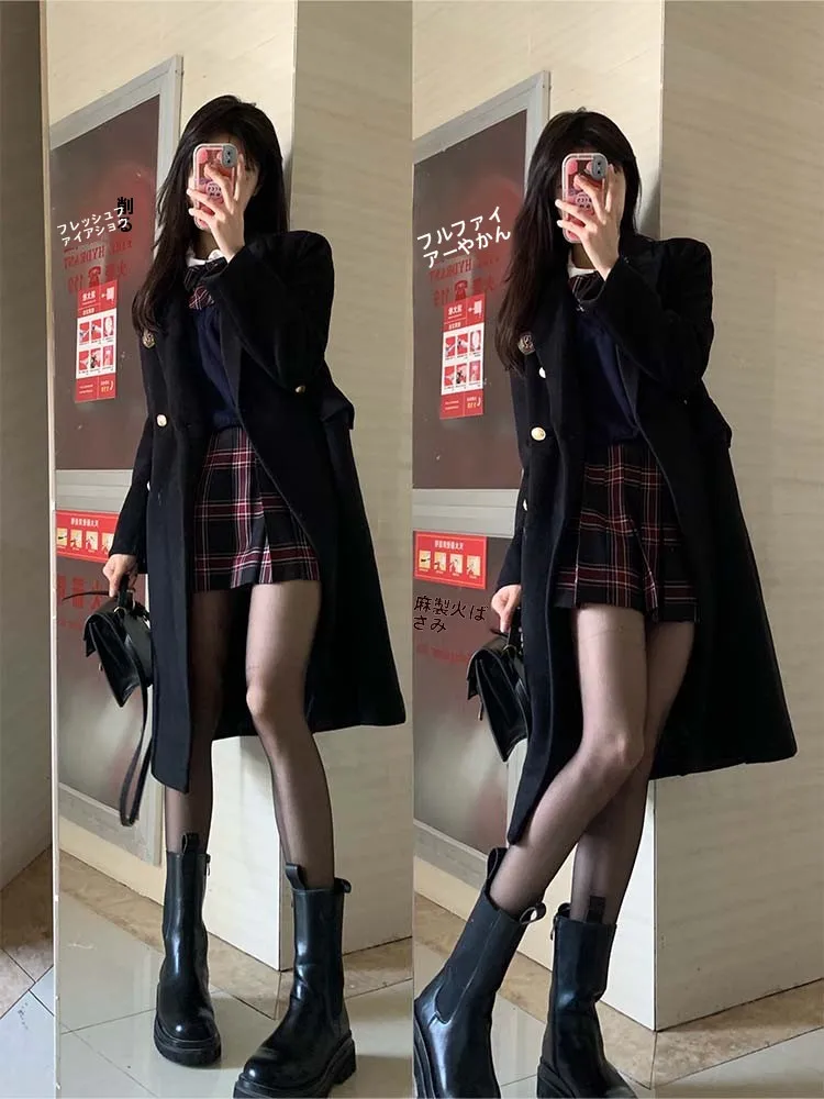 高腰プリーツスカート【赤黒チェック・スリムデザイン・JK制服・学院風】（セットアップ対応）
