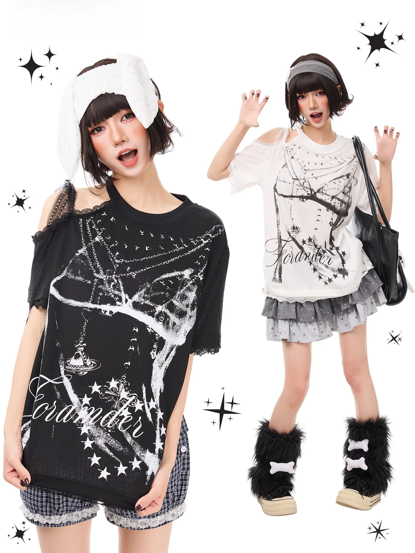 Y2KスタイルのTシャツ：デザイン性のあるアートプリントショートスリーブレースオフショルダーの実用性とスタイルフィット