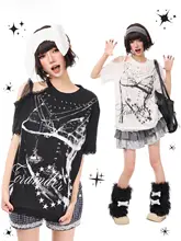 デザイン性のあるアートプリントTシャツ【Y2Kスタイル・ショートスリーブ・レースオフショルダー】