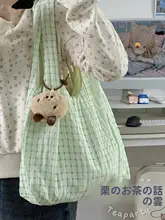 薄荷グリーンチェックの帆布バッグ【手提げ・ショルダー・オシャレなデザイン】