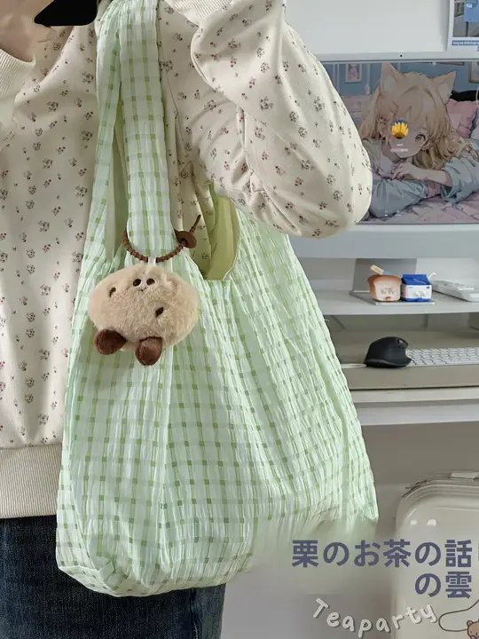 薄荷グリーンチェックの帆布バッグ【手提げ・ショルダー・オシャレなデザイン】