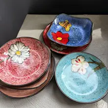 和風平皿【陶器・窯変花模様・レストラン用】