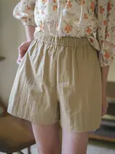 ショートパンツ レディース フレンチ風 ヴィンテージ ナイロンコットン Aライン ワイドシルエット ウエストゴム 防シワ加工 着痩せ 着回し「MarchNoon」