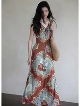 フレンチスタイルのビンテージ油絵プリントロングスカート【レイヤードフリル・エレガントデザイン・夏用】