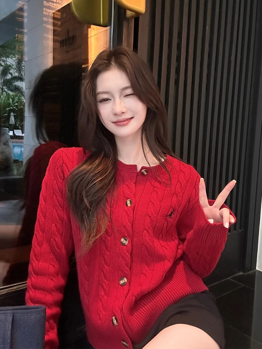 梅子熟了 100%ウールクルーネックニットカーディガン【無地・春用・シンプルデザイン・女性用】 春コーデに最適なアイテム