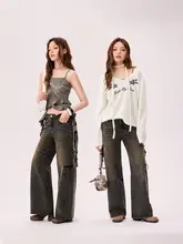 スタッズ付きダメージワイドレッグデニムパンツ【ハイウエスト・フリンジデザイン】